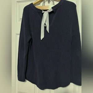 LOFT  Navy Blue Sweater with White Bow On Back Size Large EUC